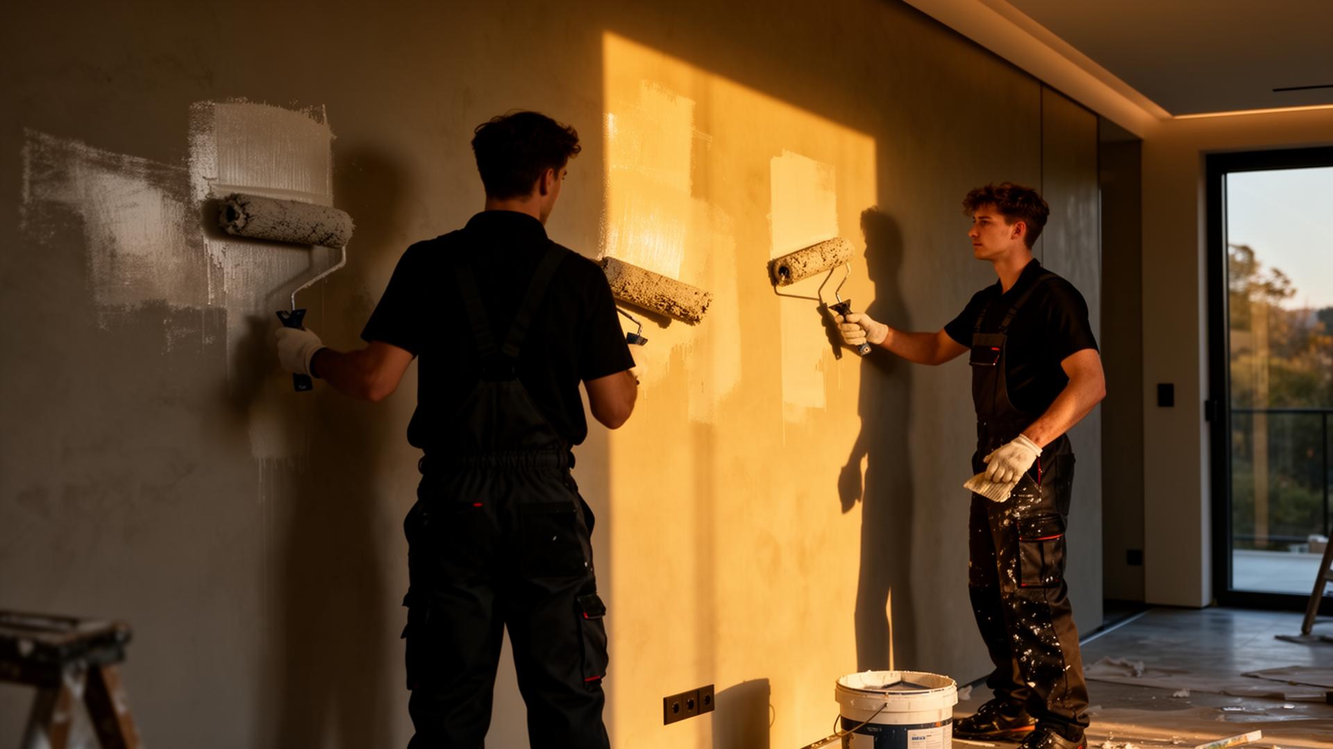 Two young professional painters working in a luxury home